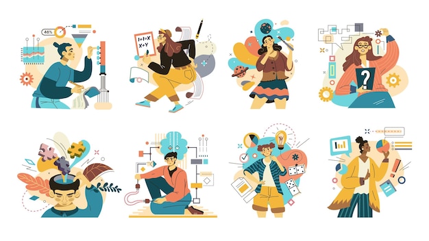 Vector pasatiempo de personalidad tipos de talento y mentalidad personajes mbti hombre lógico inteligencia chico creativo ciencia y creatividad mujer artística conjunto de estructuras mentales vector ilustración plana