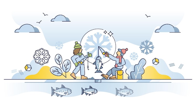 Pasatiempo de pesca en hielo como la captura de peces en concepto de esquema de horario de invierno estacional. Sentado en el lago congelado con un agujero en el hielo y sacar el pescado con la ilustración del vector de la barra. Norte de ocio y actividad al aire libre.