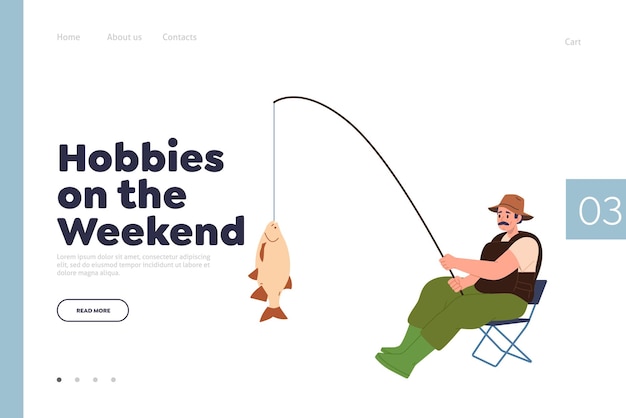 Vector pasatiempo en la plantilla de diseño de la página de inicio de fin de semana con un personaje de hombre adulto pescando en la orilla del río