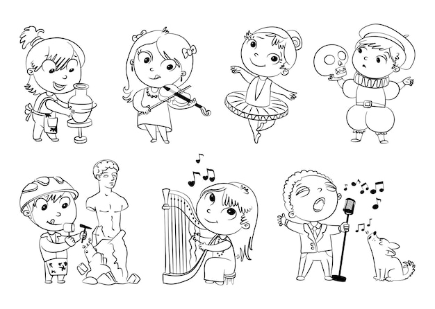 Pasatiempos e intereses estudio de ballet escuela de música taller de teatro escuela de bellas artes estudio de escultura personaje de dibujos animados divertido ilustración vectorial libro para colorear conjunto