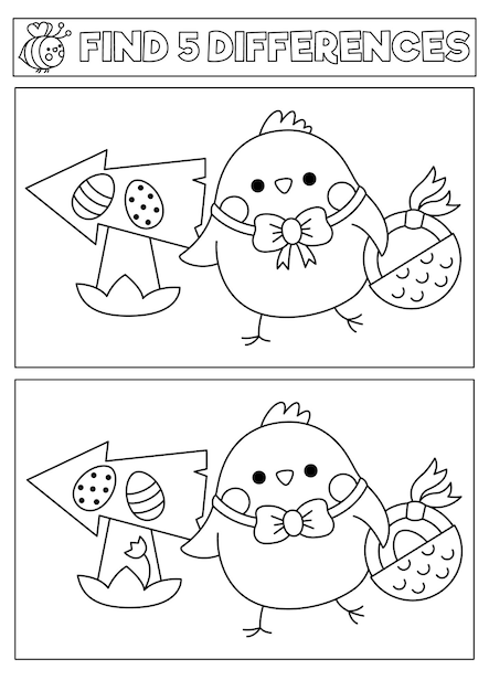 Pascua en blanco y negro kawaii encontrar diferencias juego de colorear página con pollo lindo yendo a la caza de huevos con canasta rompecabezas de vacaciones de primavera o actividad para niños imprimible qué es diferente worksheetxA