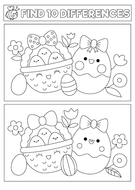 Vector pascua en blanco y negro kawaii encontrar diferencias juego para niños página de colorear con bonitos huevos de canasta flores rompecabezas de vacaciones de primavera o actividad para niños ¿qué es diferente hoja de trabajo imprimibleetxa