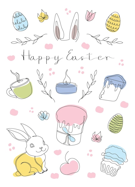 Pascua Establecido en un estilo continuo de una línea con elementos de diseño como huevos de conejo, paloma, vela, cruz, taza de pastel de Pascua, flores, tarjeta de Pascua con felicitación de Feliz Pascua, impresión de textiles.