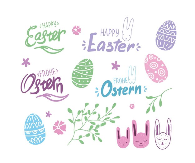 Pascua con huevos, letras, fuentes alemanas y conejito. Elementos de primavera.