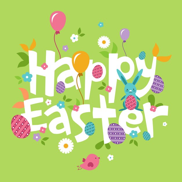 Pascua, inscripción de primavera con liebre, flores y huevos
