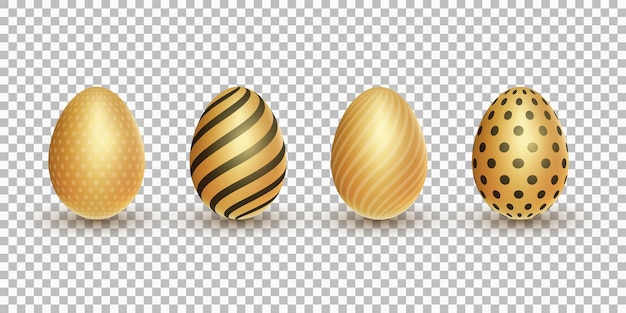 Pascua oro brillante 3d huevos con un patrón sobre un fondo transparente.