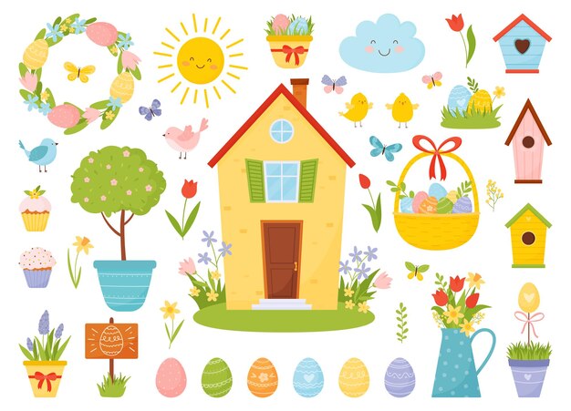 Pascua con pájaros, huevos, cupcakes dulces, flores de primavera y otros elementos de primavera