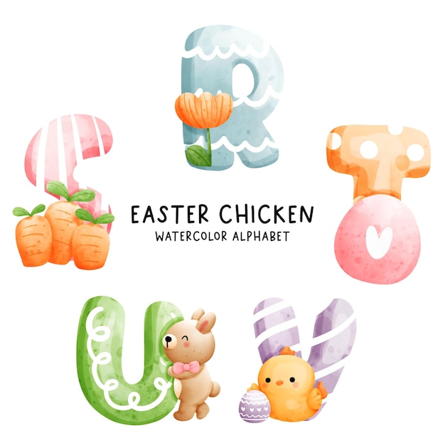 Pascua pollo acuarela alfabeto ilustración vectorial