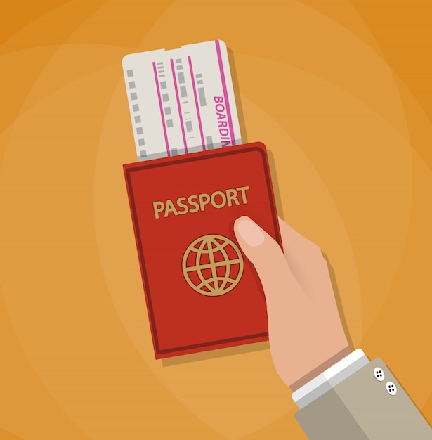 Vector pase de abordar y pasaporte en mano