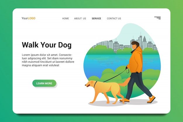Vector pasear a su perro página de aterrizaje de fondo.