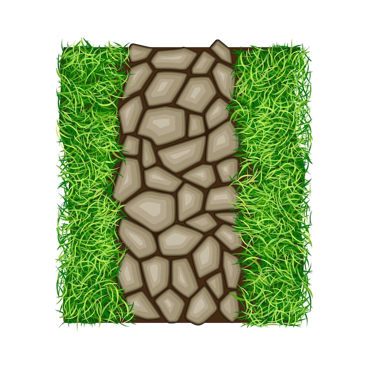 Vector paseo de adoquines ásperos descansados en la hierba verde del césped como ilustración vectorial de diseño de paisaje