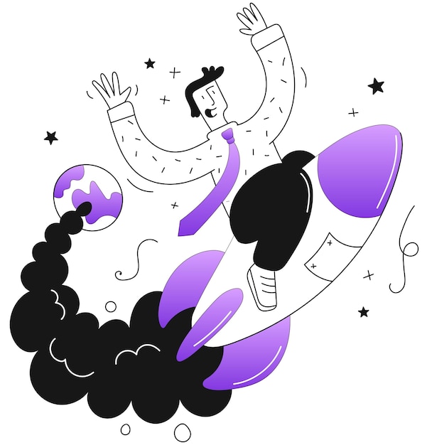 Paseo de hombre de negocios montando una ilustración de vector de cohete