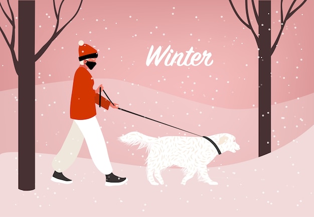 Vector paseo de invierno con perro. tiempo de bloqueo. mujer mayor i paseando a un perro en el parque. ilustración de nieve y frío en estilo plano.