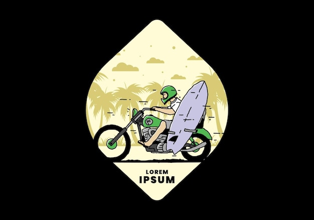 Paseo en motocicleta con ilustración de tabla de surf