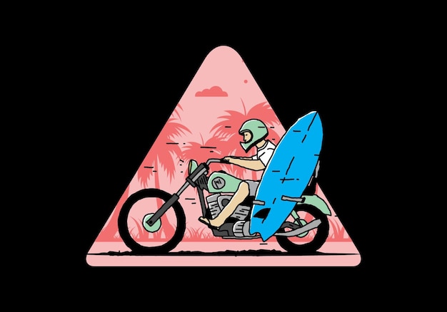 Paseo en motocicleta con ilustración de tabla de surf