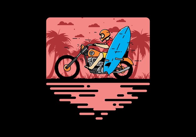 Paseo en motocicleta con ilustración de tabla de surf