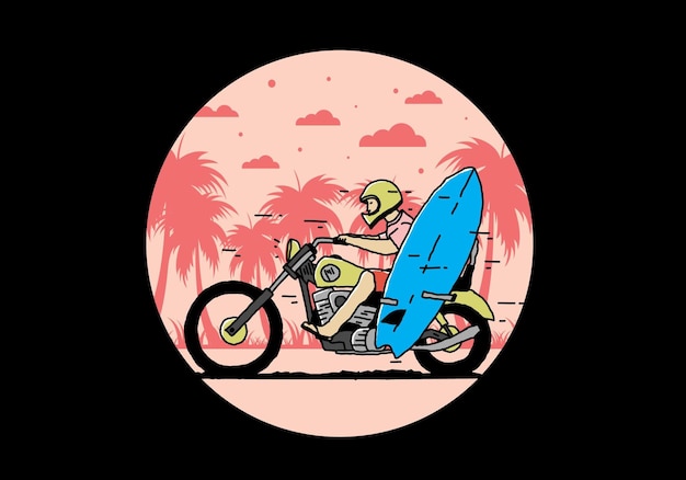 Paseo en motocicleta con ilustración de tabla de surf