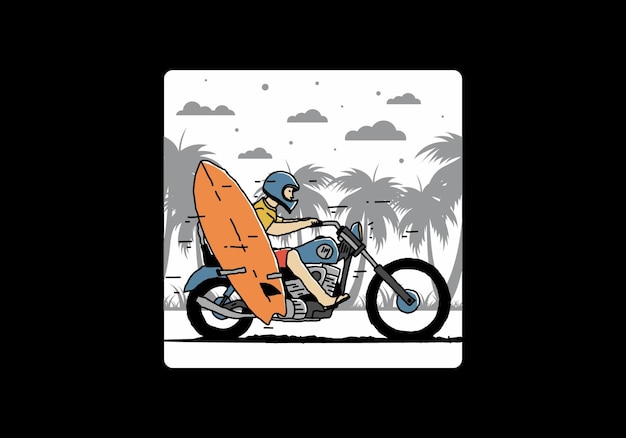 Paseo en motocicleta con ilustración de tabla de surf