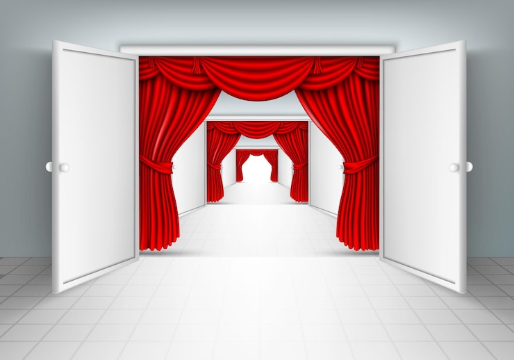 Vector pasillo de cortinas de seda roja.