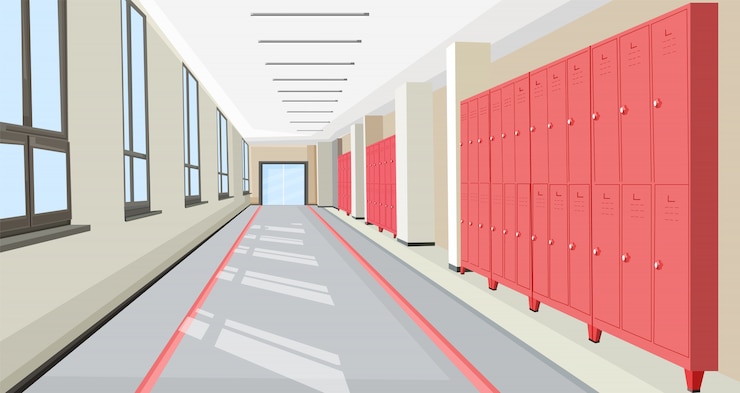 Vector pasillo de la escuela con taquillas escolares ilustración de estilo plano interior