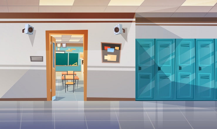 Vector pasillo de la escuela vacía con sala de casilleros puerta abierta a la sala de clase