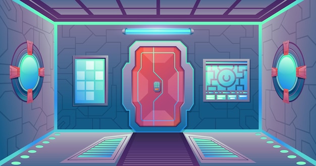 Pasillo de nave espacial futurista de dibujos animados con puerta, paneles y ojos de buey. fondo interior de ciencia ficción del juego espacial. escena de vector de la estación de cosmos. ilustración de la puerta de la nave espacial y el pasillo.