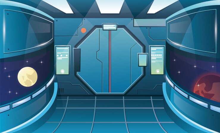 Vector pasillo en nave espacial con ojo de buey. habitación interior futurista con puerta