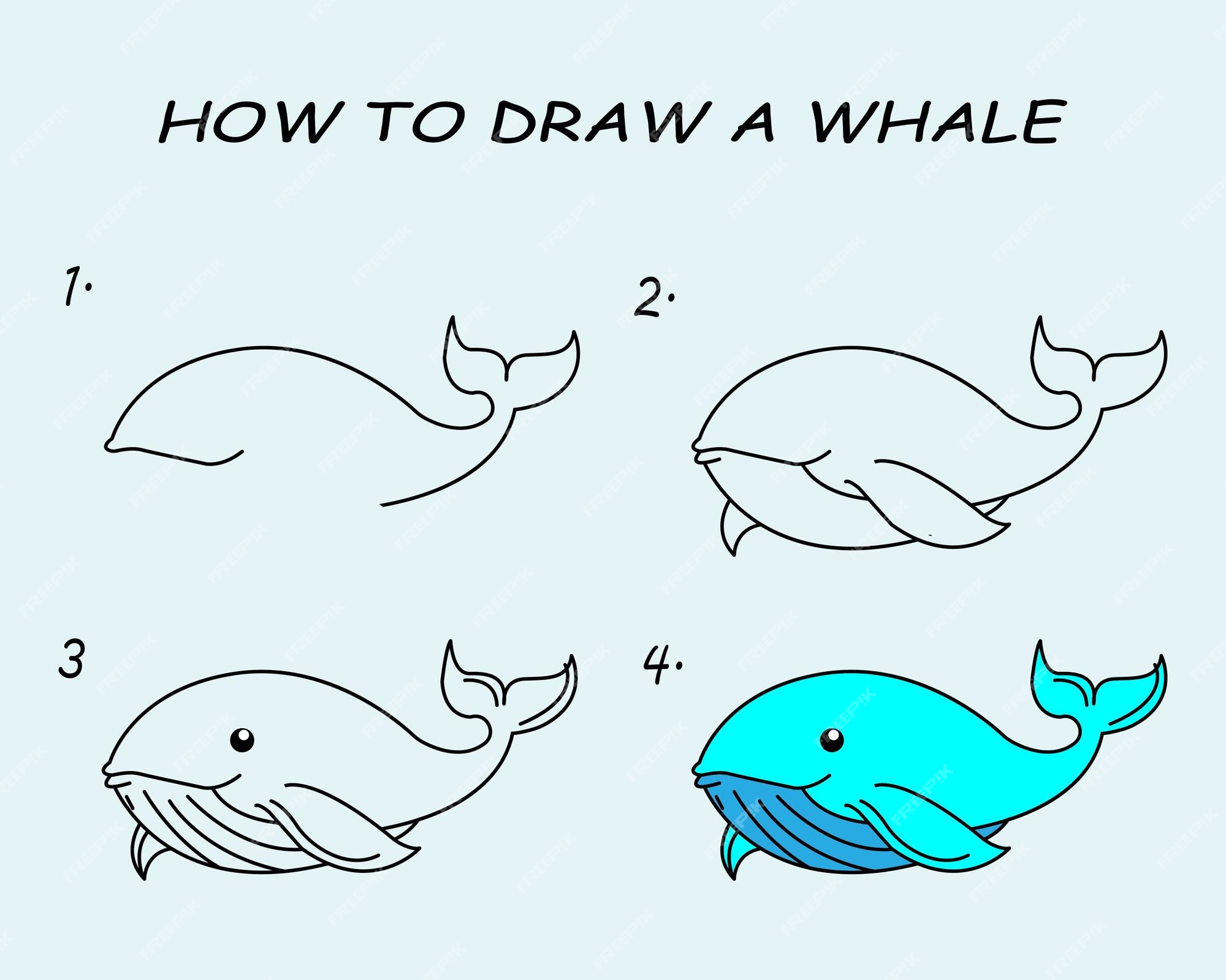 Paso a paso para dibujar una ballena. tutorial de dibujo de una ballena.  lección de dibujo para niños. | Vector Premium