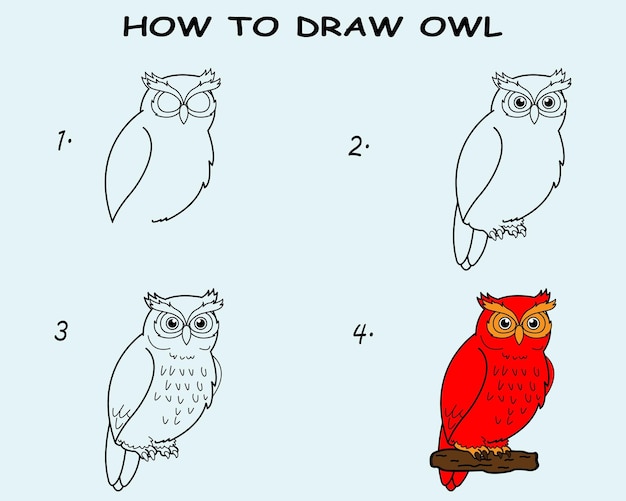 Paso a paso para dibujar un búho. tutorial de dibujo de un búho. lección de dibujo para niños. ilustración vectorial | Vector Premium Paso a paso para dibujar un búho. tutorial de dibujo de un búho. lección de dibujo para niños. ilustración vectorial | Vector Premium