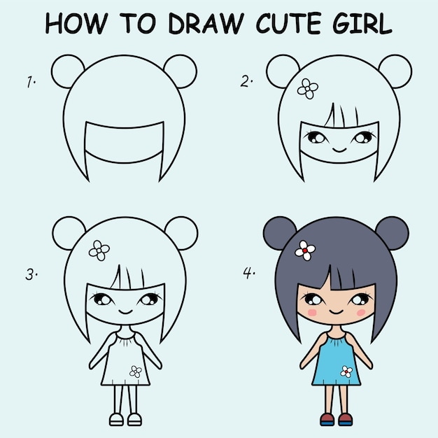 Paso a paso para dibujar una chica linda Tutoriales de dibujo Una chica lindo Lección de dibujo para niños