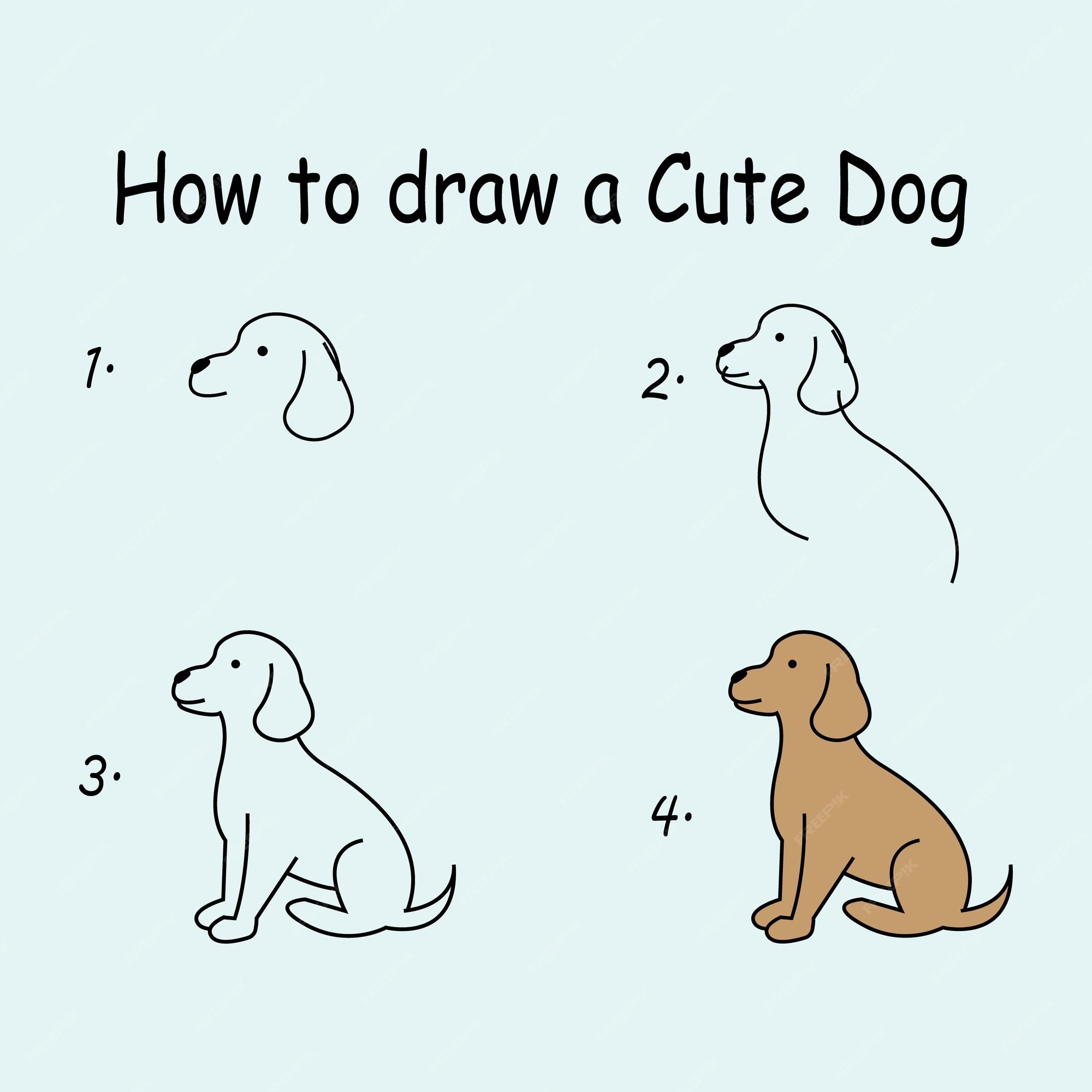 Paso a paso para dibujar un perro. tutorial de dibujo de un perro. lección  de dibujo para niños. ilustración vectorial | Vector Premium