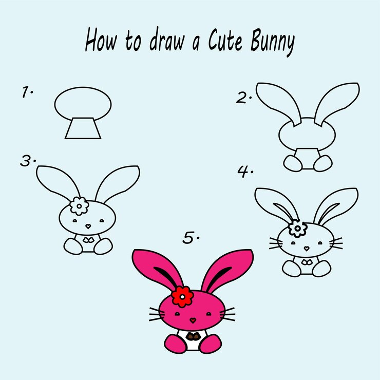 Vector paso a paso para dibujar un tutorial de dibujo de conejo lindo una lección de dibujo de conejo lindo para niños