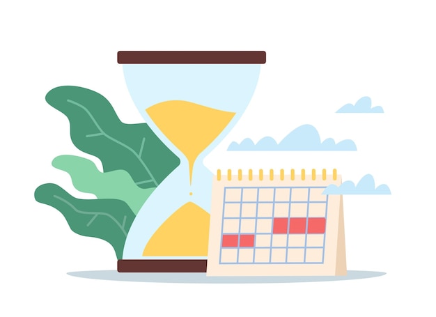 El paso del tiempo y los días Reloj de arena de vidrio y espiral de papel calendario calendario y semana planificación diario organizador medición vector dibujos animados estilo plano ilustración aislada