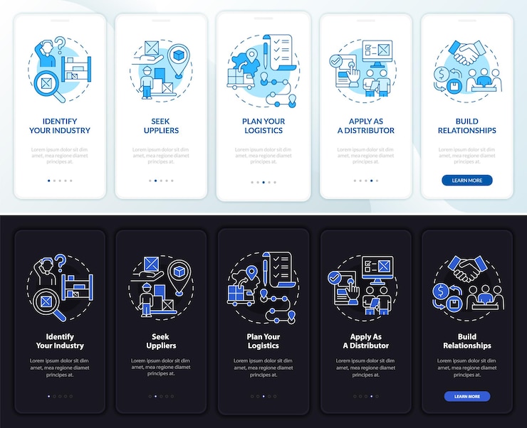 Vector pasos comerciales de distribución incorporando la pantalla de la página de la aplicación móvil. tutorial de inicio instrucciones gráficas de 5 pasos con conceptos. ui, ux, plantilla de vector gui con ilustraciones lineales en modo día y noche