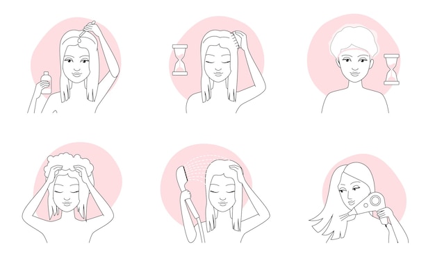 Pasos de cuidado y tratamiento del cabello con aplicación de aceite y masaje del cuero cabelludo iconos de líneas delgadas