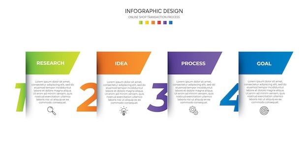 Pasos diseño de plantilla de infografía de proceso de línea de tiempo de visualización de datos comerciales con iconos