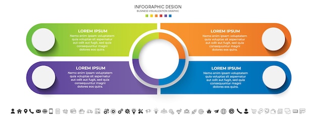 Pasos diseño de plantilla de infografía de proceso de línea de tiempo de visualización de datos comerciales con iconos