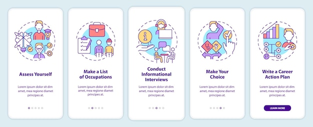 Pasos para elegir la pantalla de la aplicación móvil de incorporación de carrera Tutorial de la lista de ocupaciones Páginas de instrucciones gráficas de 5 pasos con conceptos lineales UI UX Plantilla de GUI Myriad ProBold Fuentes regulares utilizadas