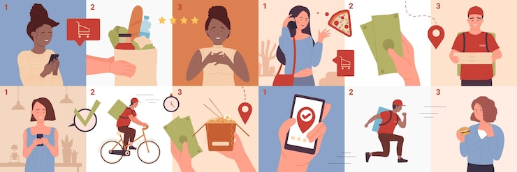 Vector los pasos de entrega del servicio de pedido en línea establecen que las personas que compran compran y pagan por las compras