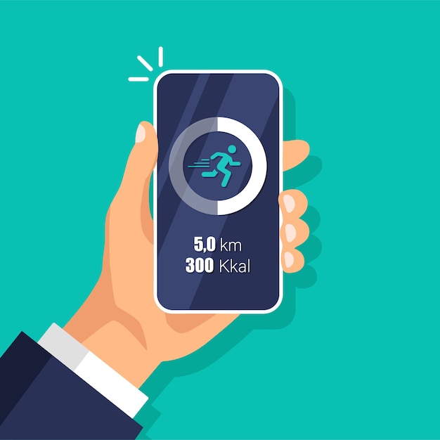 Pasos de fitness y ejecutar la aplicación de seguimiento en el teléfono móvil. concepto de podómetro. actividad diaria y datos de seguimiento.