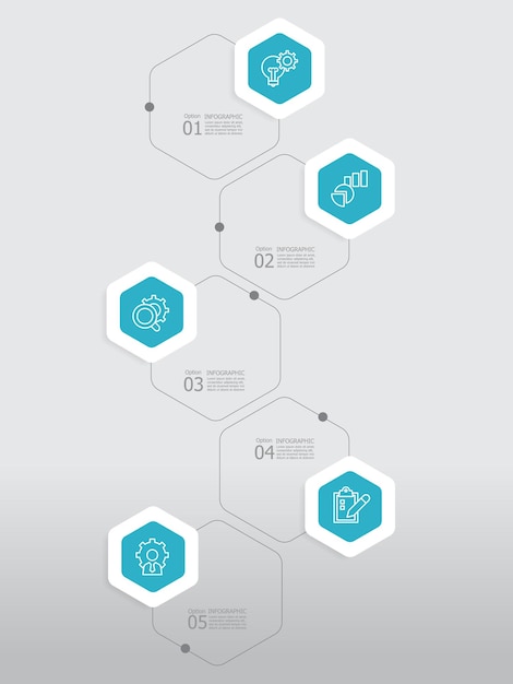 pasos de hexágono vertical línea de tiempo elemento infográfico fondo del informe con icono de línea de negocios 5 pasos
