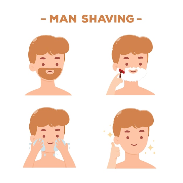 Pasos del hombre afeitándose la barba y limpiándose la cara