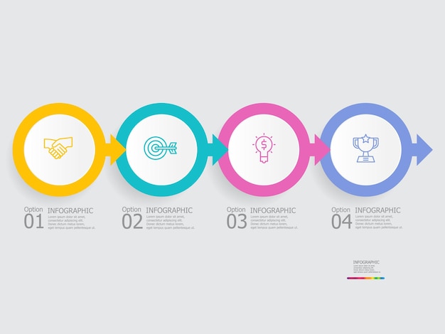 Pasos horizontales línea de tiempo elemento infográfico fondo de informe con icono de línea de negocio 4 pasos