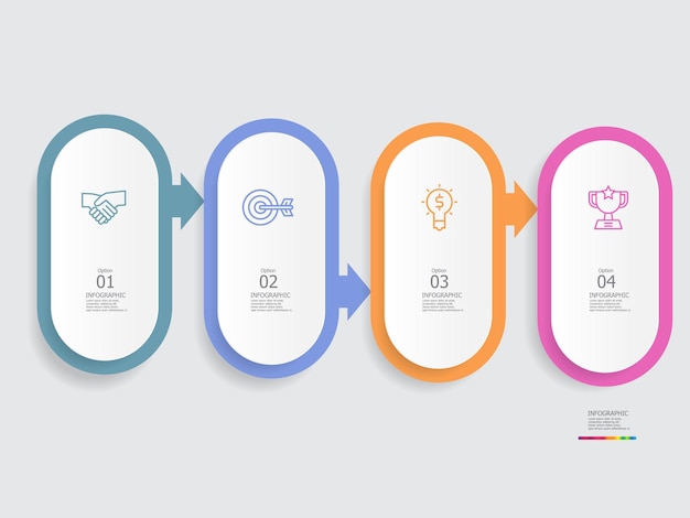 Pasos horizontales línea de tiempo elemento infográfico fondo de informe con icono de línea de negocio 4 pasos
