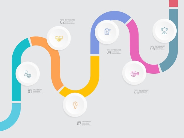 Pasos horizontales Línea de tiempo Elemento infográfico Fondo de informe con icono de línea de negocio 6 pasos