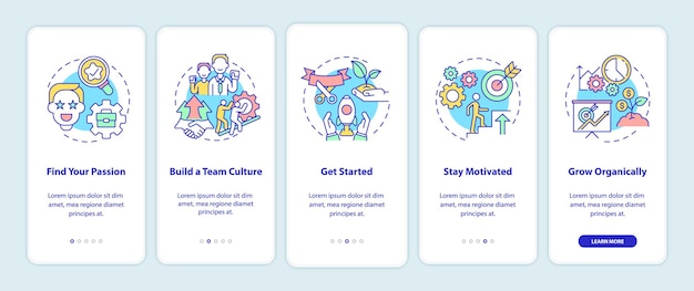 Pasos para iniciar el emprendimiento social incorporando la pantalla de la página de la aplicación móvil. Tutorial de instrucciones gráficas de 5 pasos con conceptos. UI, UX, plantilla de vector de GUI con ilustraciones en colores lineales