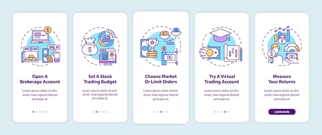 Pasos de negociación de acciones incorporando la pantalla de la página de la aplicación móvil con conceptos. Abra la cuenta, estableciendo el presupuesto tutorial Instrucciones gráficas de 5 pasos.