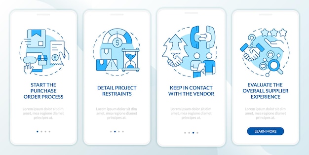 Pasos en la pantalla de la aplicación móvil de incorporación azul del proceso de compra