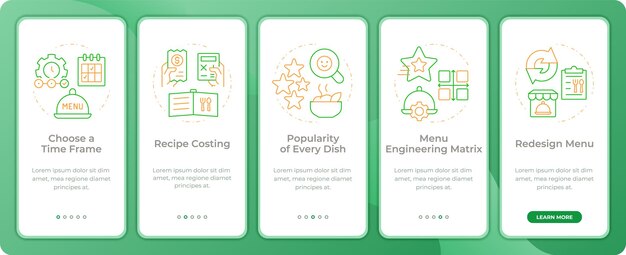 Pasos de las pantallas de incorporación de la aplicación de ingeniería de menú