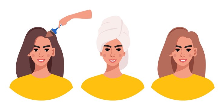 Vector pasos del proceso de coloración del cabello para la mujer en casa la morena cambia el color de su cabello